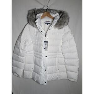 Tommy Hilfiger Womens Down Puffer Coat Parka Sz XXL Fur Hood Ivory Winter NWT